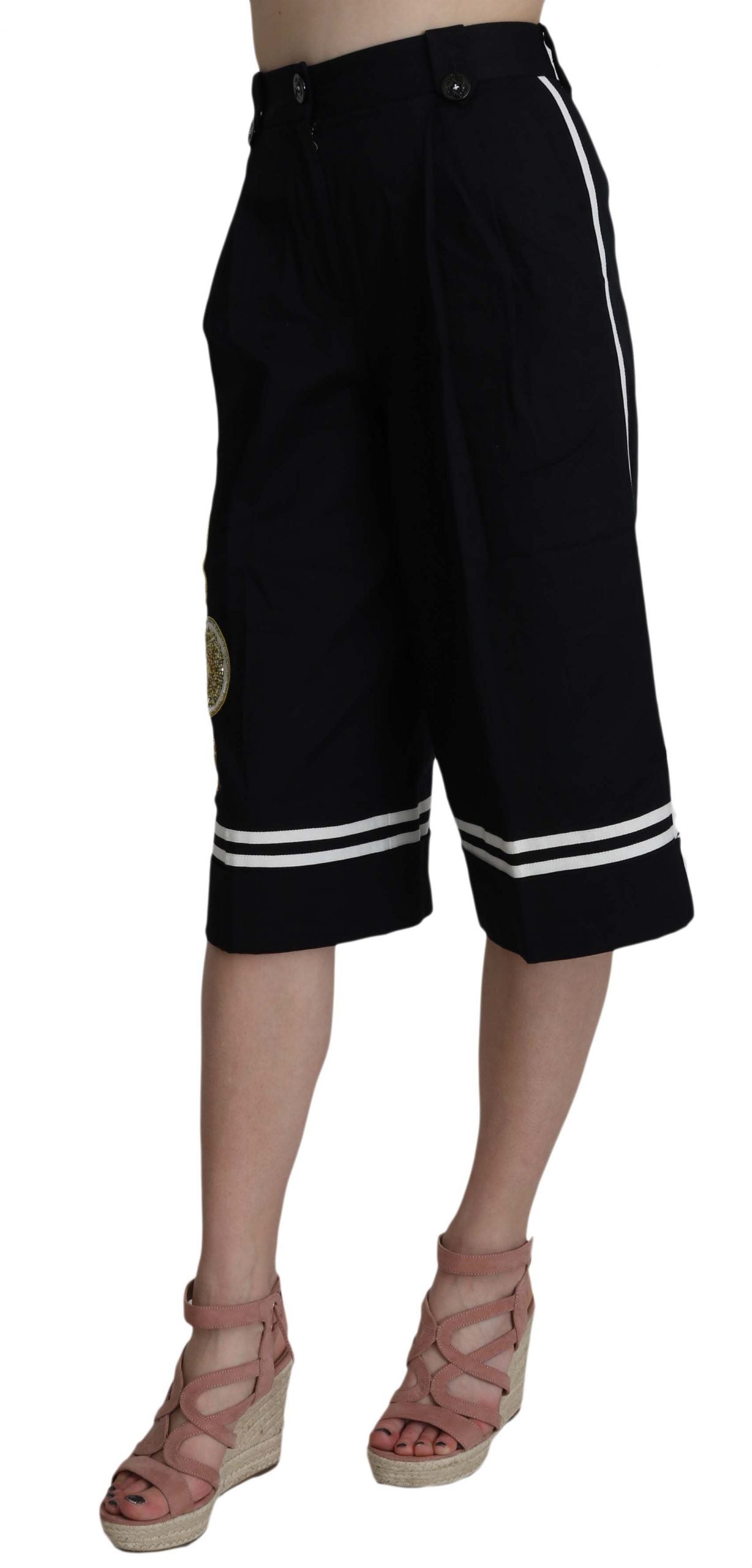 Black cotton cropped embellished pants by Dolce & Gabbana, featuring intricate embroidery and a relaxed fit.