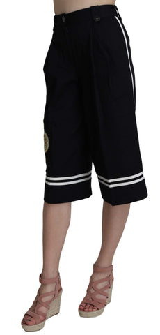 Black cotton cropped embellished pants by Dolce & Gabbana, featuring intricate embroidery and a relaxed fit.