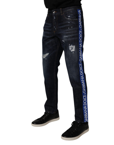 Dark Blue Cotton Tattered Skinny Denim Jeans