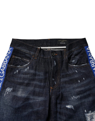 Dark Blue Cotton Tattered Skinny Denim Jeans