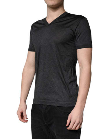 Dark Gray Silk V-neck Short Sleeves T-shirt