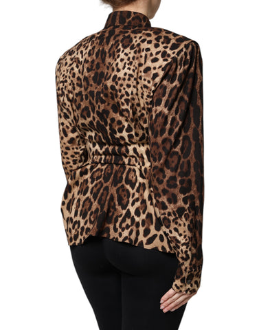 Brown Leopard Silk Button Down Coat Jacket