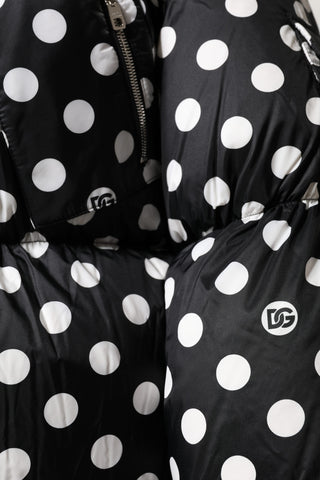Black White Polka Dot Full Zip Puffer Jacket