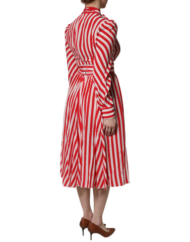 White Red Stripes Long Sleeves Midi Dress