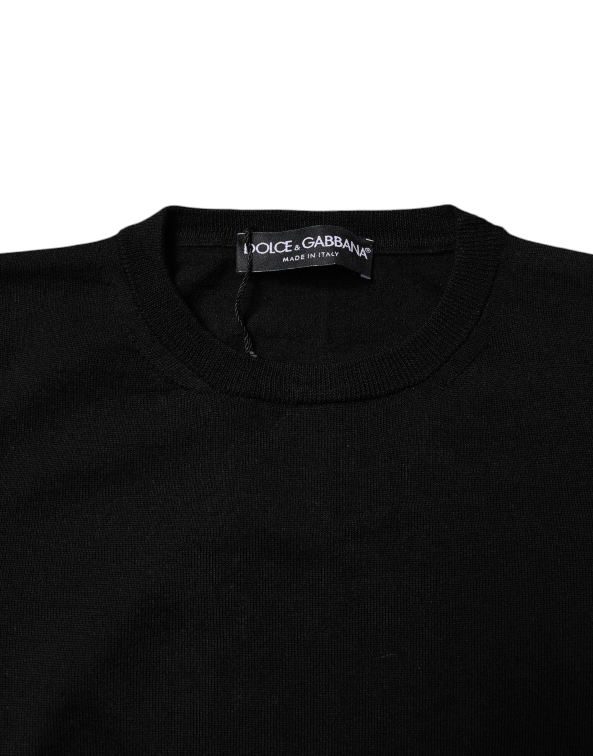 Black Wool Knit Crew Neck Pullover Sweater