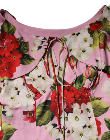 Pink Floral Silk Short Sleeves Blouse Top