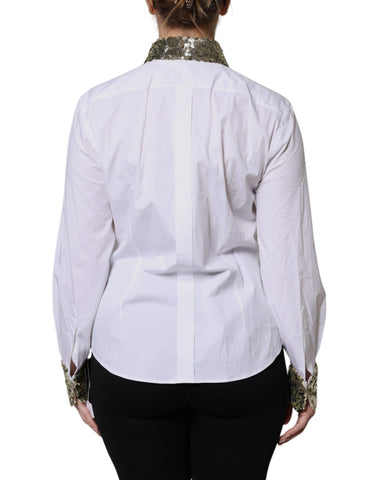 White Cotton Long Sleeves Sequin Shirt Top