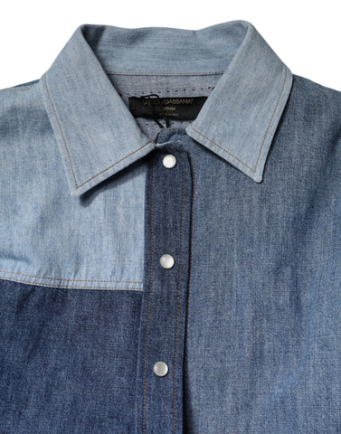 Blue Cotton Button Up Collared Long Sleeve Top