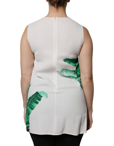 White Banana Leaf Print Round Neck Tank Top