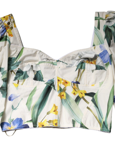 White Floral Puff Sleeves Crop Blouse Top