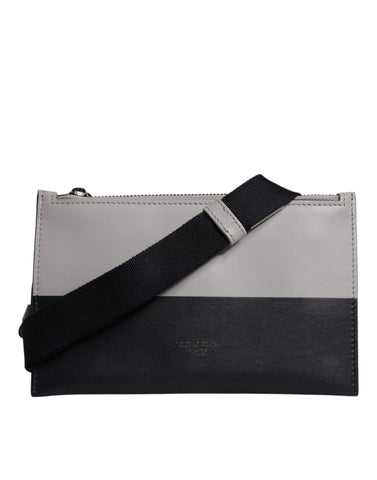 Black White Leather Logo Embossed Crossbody Bag