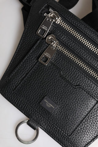 Black Calfskin Logo Plaque Belt Waist Men Fanny Pack Bag