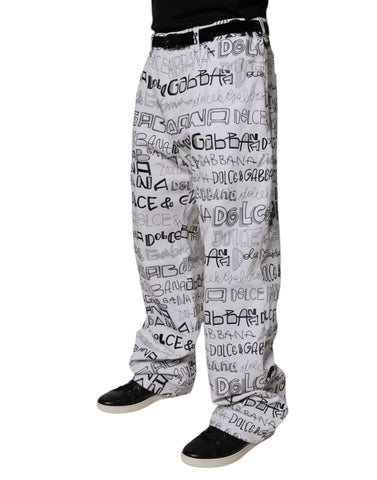 White Logo Print Straight Men Denim Jeans