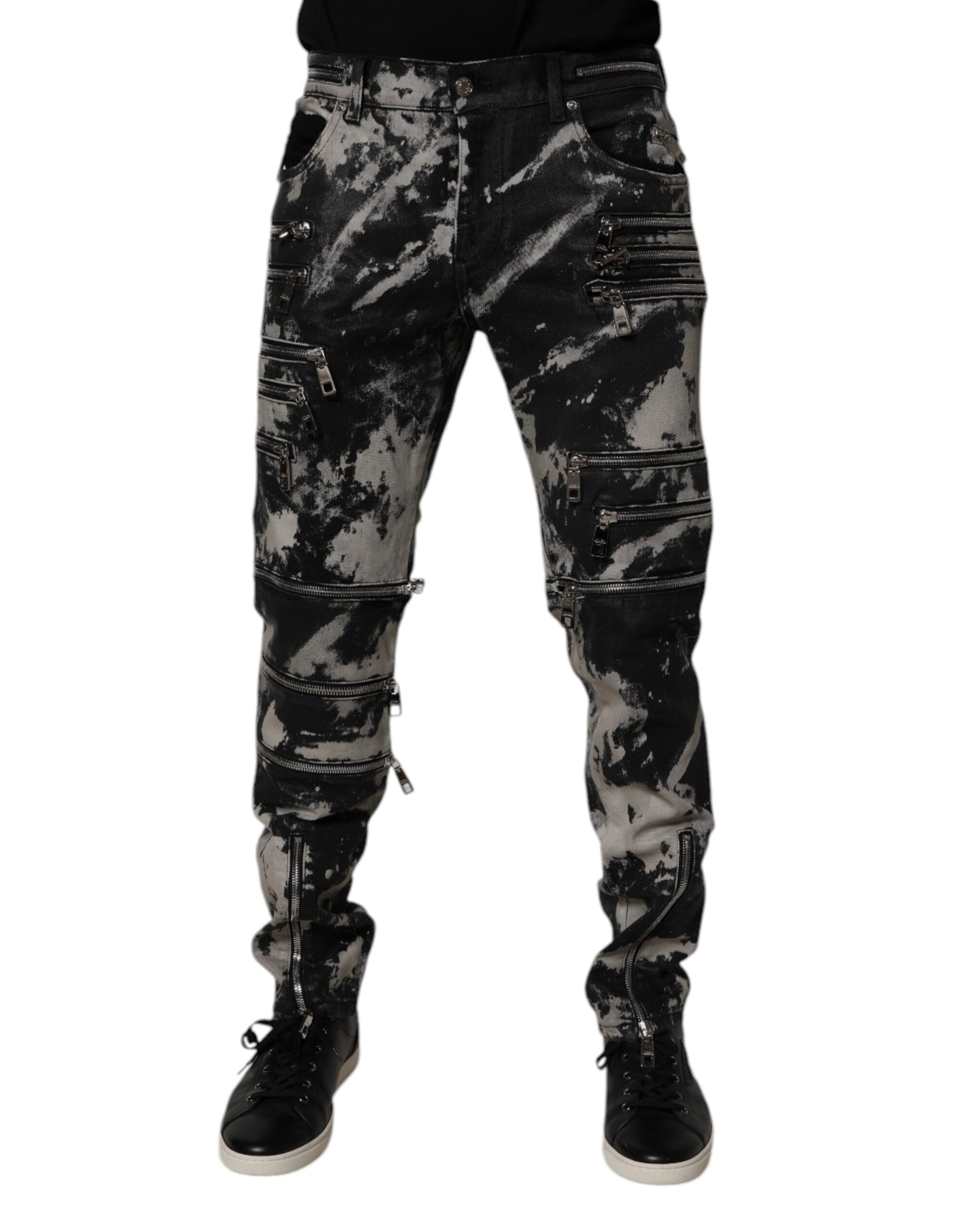 Dark Gray Tie Dye Cotton Skinny Zip Denim Jeans - Jag Couture London
