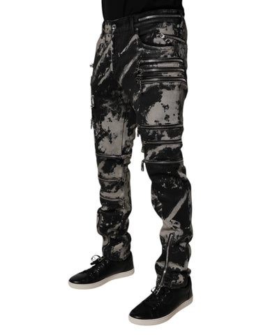Dark Gray Tie Dye Cotton Skinny Zip Denim Jeans