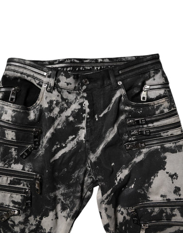 Dark Gray Tie Dye Cotton Skinny Zip Denim Jeans