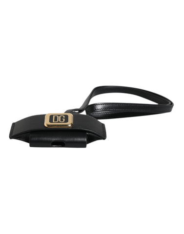 Black Leather Strap Gold Metal Logo Plaque Airpods Case