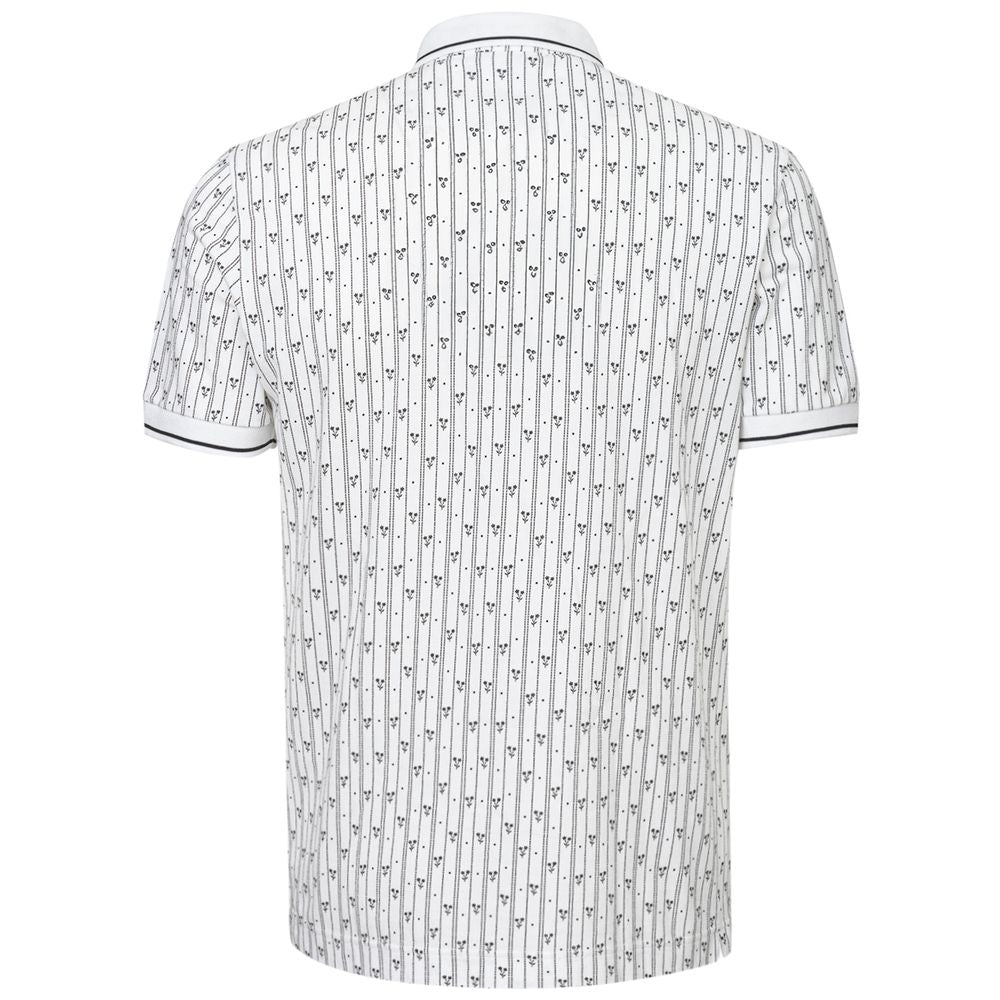 White cotton polo shirt by Jag Couture London - New York, shown on a hanger with a close-up of the collar and fabric texture.
