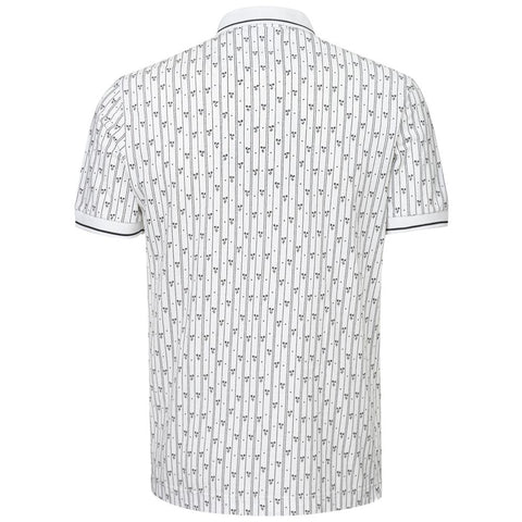White cotton polo shirt by Jag Couture London - New York, shown on a hanger with a close-up of the collar and fabric texture.