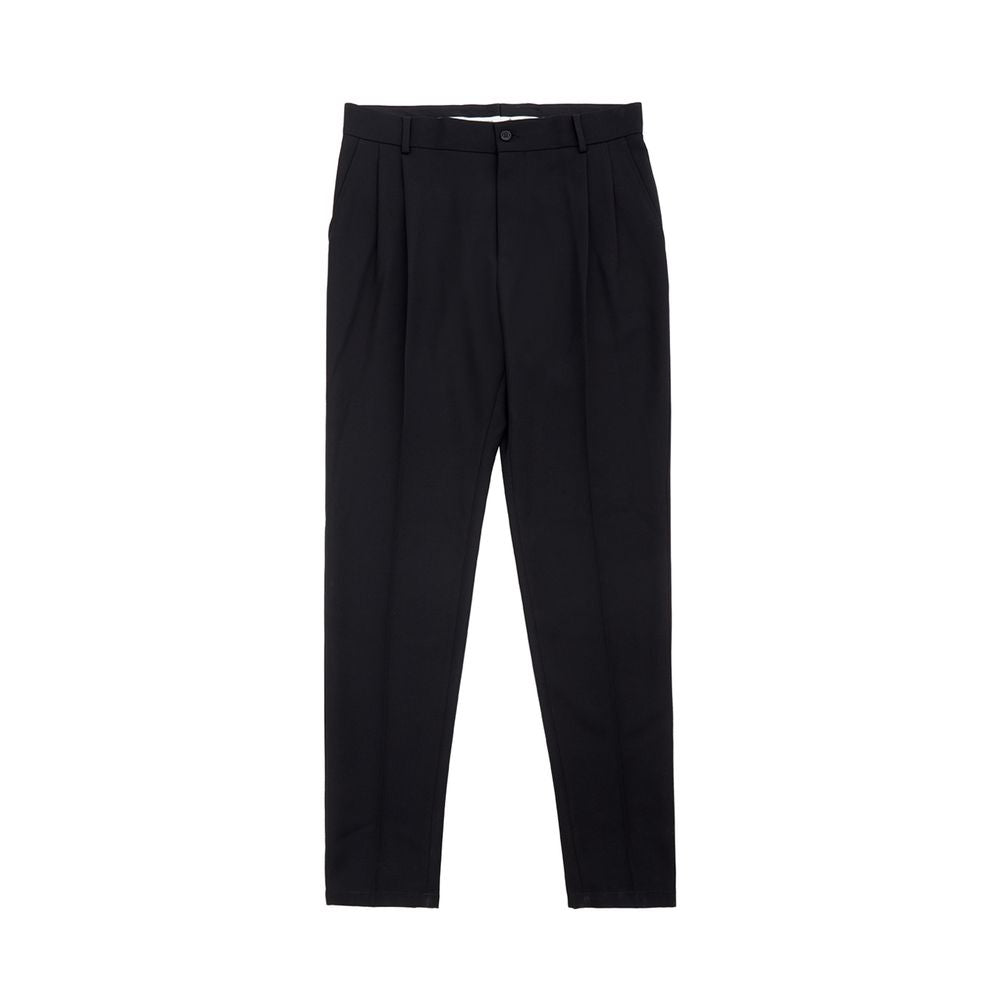 Black polyester dress pants by Dolce & Gabbana, tailored fit with classic design, shown on a hanger against a plain background.