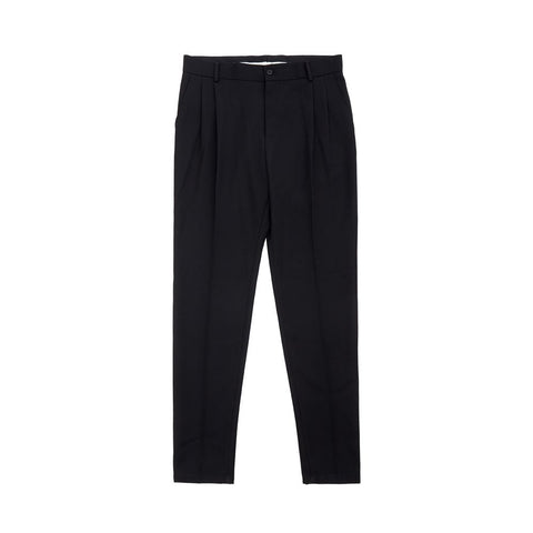 Black polyester dress pants by Dolce & Gabbana, tailored fit with classic design, shown on a hanger against a plain background.
