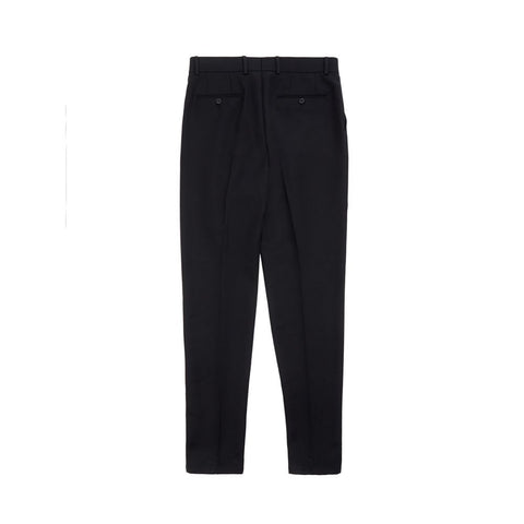 Black polyester dress pants by Dolce & Gabbana, tailored fit with sleek waistband and classic style, shown on a hanger.