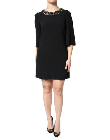 Black Crystal Embellished Round Neck Mini Dress