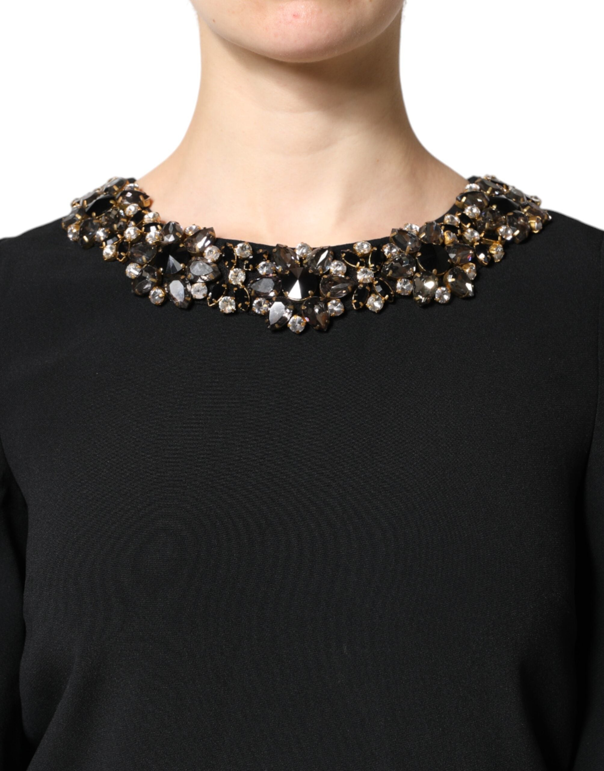 Black Crystal Embellished Round Neck Mini Dress
