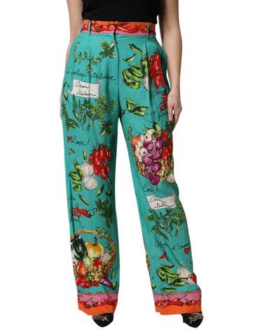 Green Silk Printed Straight Pants