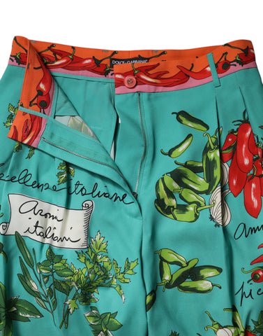 Green Silk Printed Straight Pants