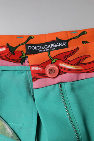 Green Silk Printed Straight Pants