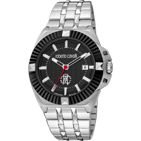 Roberto Cavalli by Franck Muller luxury watch with a sleek round face and detailed dial, showcasing elegant craftsmanship.