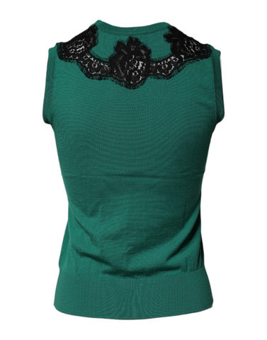 Green Wool Lace Detail Sleeveless Tank Top