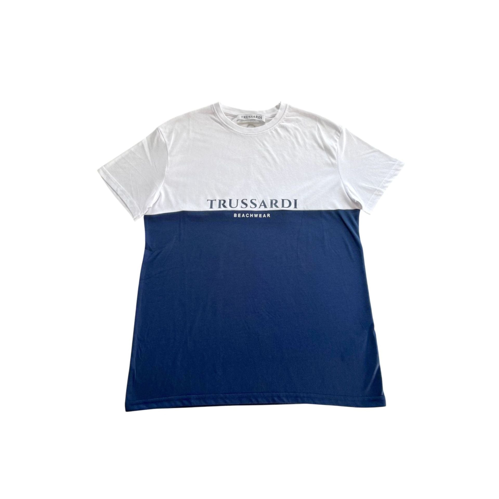 Trussardi Beachwear TRU25MTS02 navy and white swim shorts with logo detail, displayed on a white background.