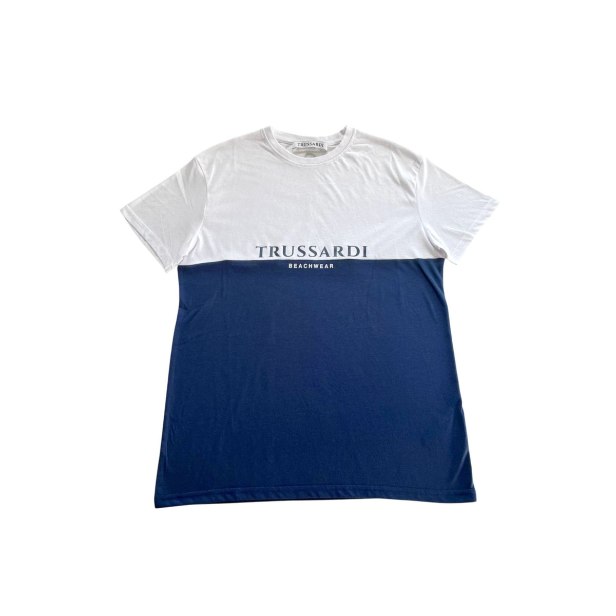 Trussardi Beachwear TRU25MTS02 navy and white swim shorts with logo detail, displayed on a white background.