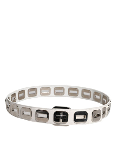 White Leather Gold Tone Rotating Buckle Belt