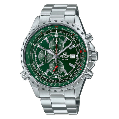Casio EF-527D-3AVUEF wristwatch with stainless steel band and black dial, branded by Jag Couture London - New York.