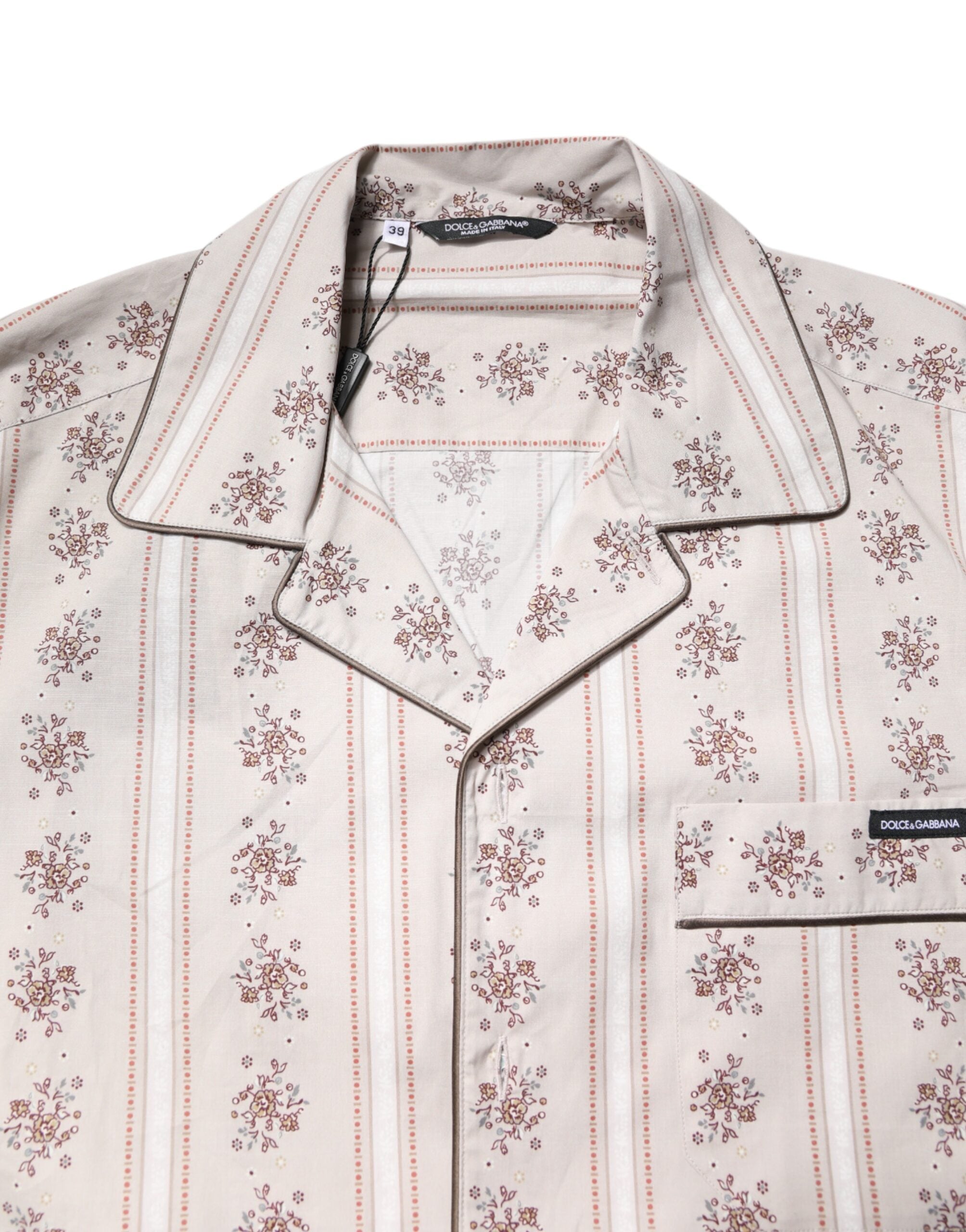 Beige Floral Print Cotton Men Pajama Set Sleepwear