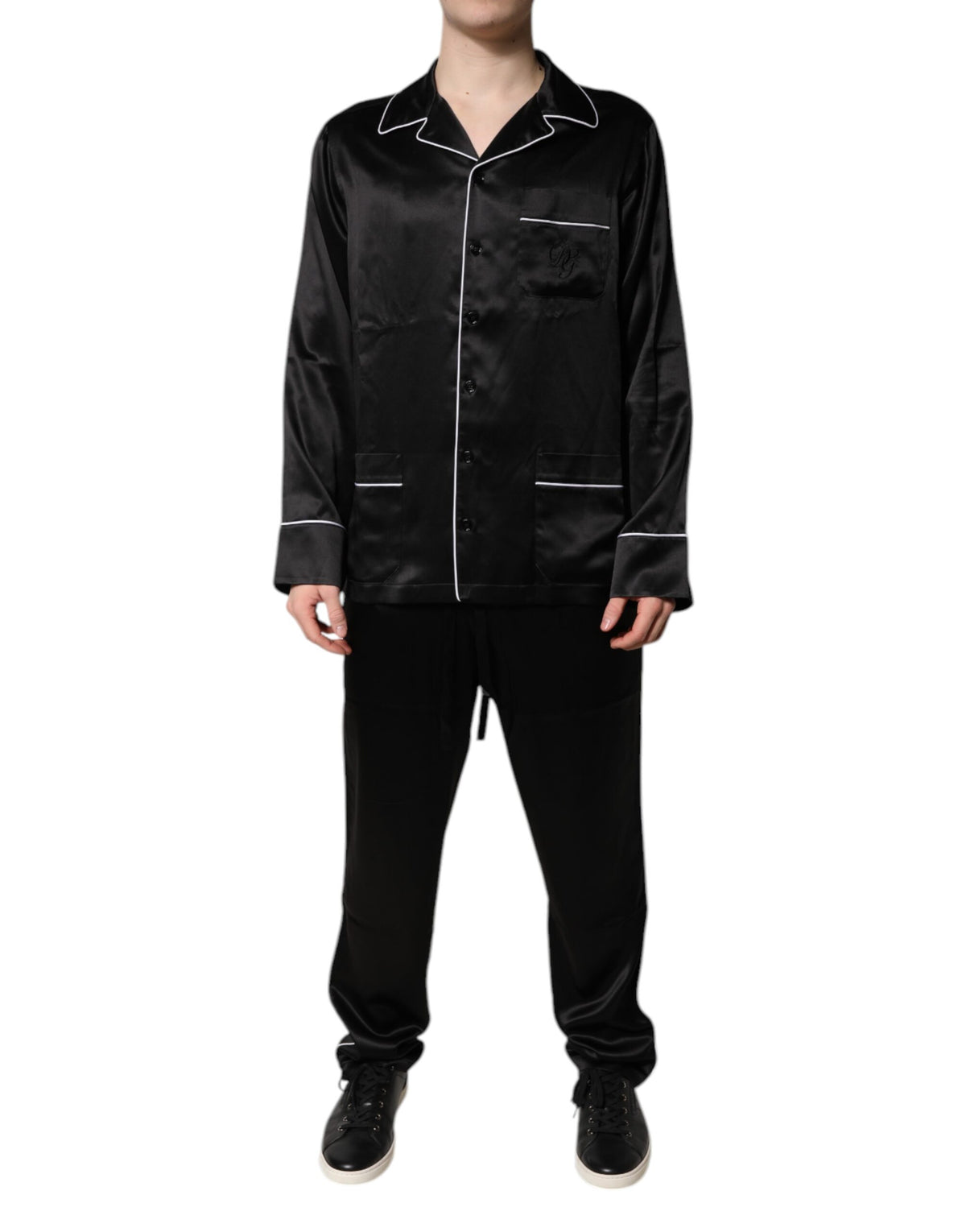 Black Silk Shirt Pants Pajama Set Sleepwear