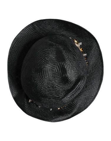 Black Straw Crystal Embellished Wide Brim Hat