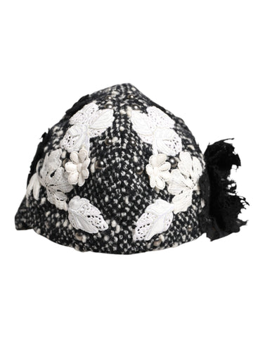 Black Wool White Floral Embellished Cloche Hat