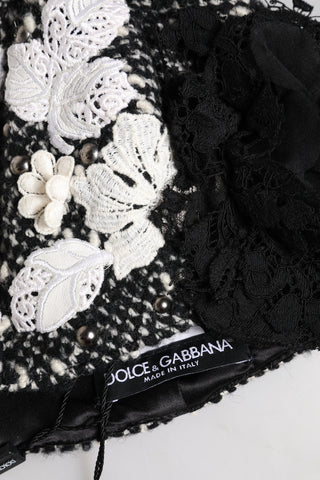 Black Wool White Floral Embellished Cloche Hat