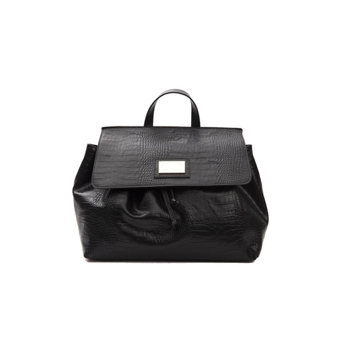 Jag Couture London-New York Pompei Donatella 1172MARCELLA black leather handbag with silver hardware and sleek design.