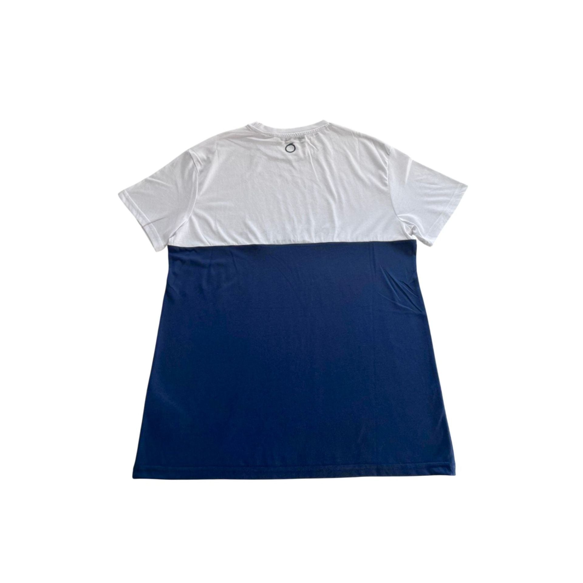 Navy and white Trussardi Beachwear TRU25MTS02 displayed on a model, featuring stylish, casual summer swimwear design.