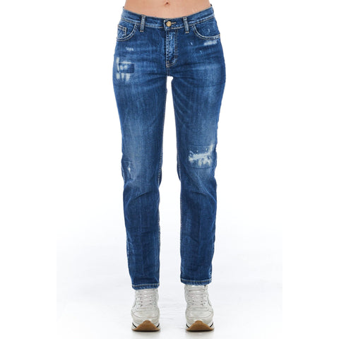 Frankie Morello FWCF9059JE_B02DENIM denim jacket displayed on a hanger, featuring classic design elements and detailed stitching.