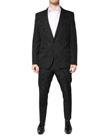 Black Polyester Floral Jacquard 2 Piece Suit