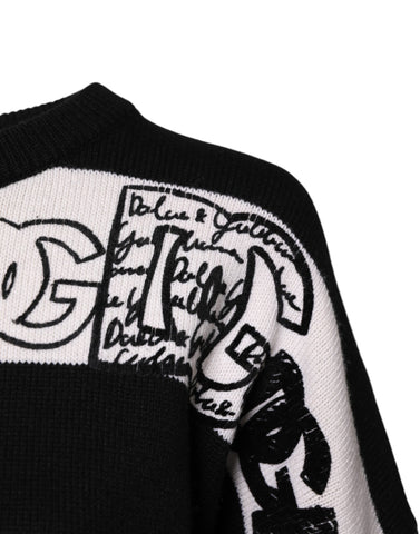 Black White Logo Print Wool Pullover Sweater