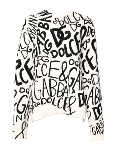 White Black Logo Print Women Pullover Sweater
