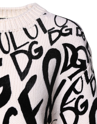 White Black Logo Print Women Pullover Sweater