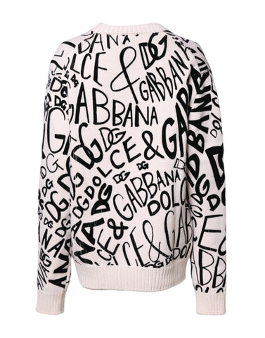 White Black Logo Print Women Pullover Sweater